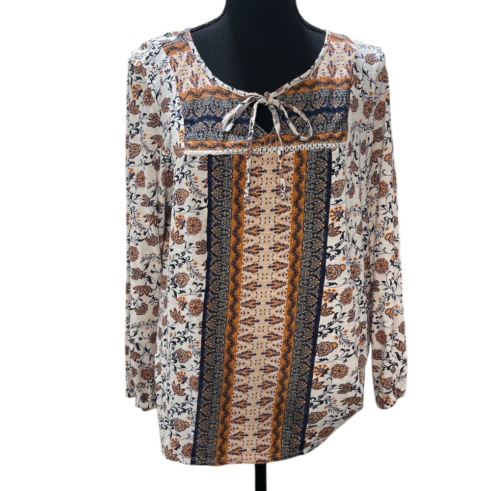 Vintage America Orange and Blue Tie Front Bib Collar Blouse